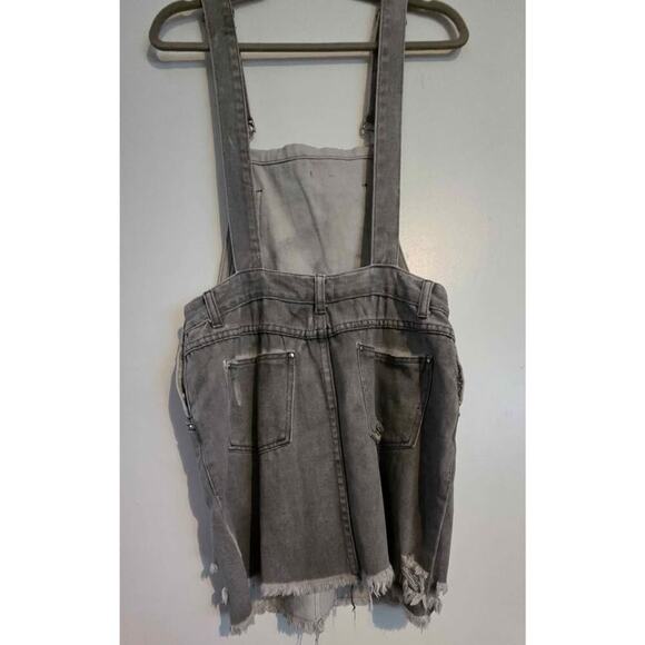 POL Gray Distressed Denim Overall Skirt Jumper Dress Small Frayed Hem Casual - Picture 3 of 12